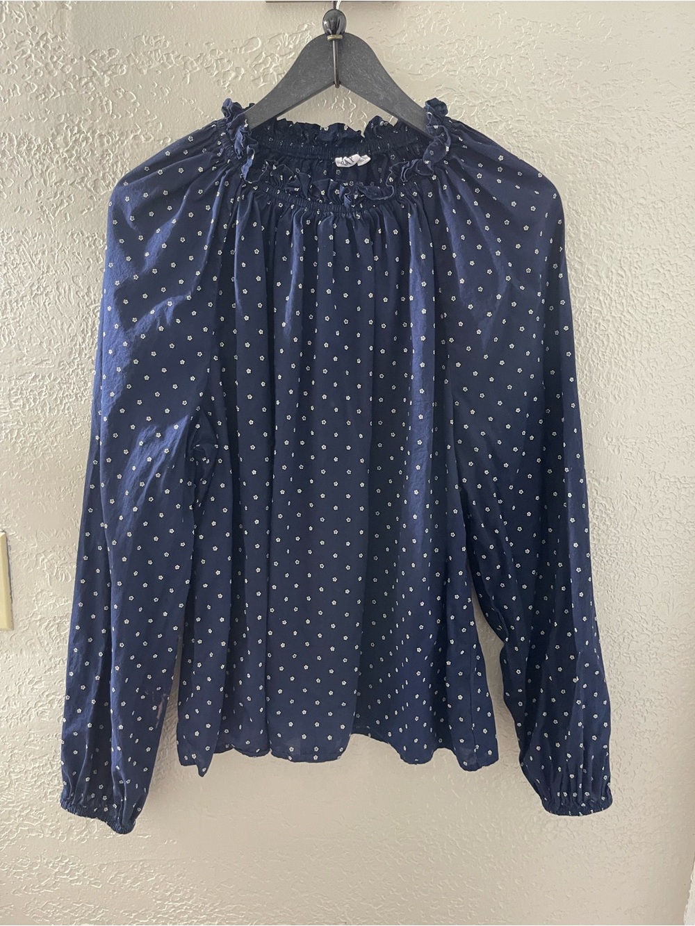 GAP Navy Blue Polka Dot Long-Sleeve Smocked Neck Blouse Large
